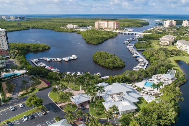 aerial view featuring a water view