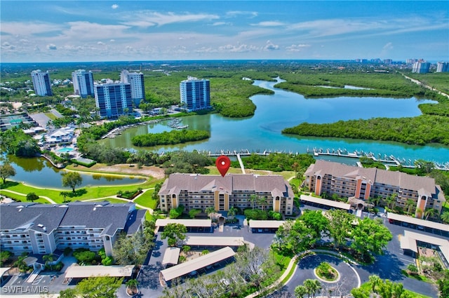 drone / aerial view featuring a water view