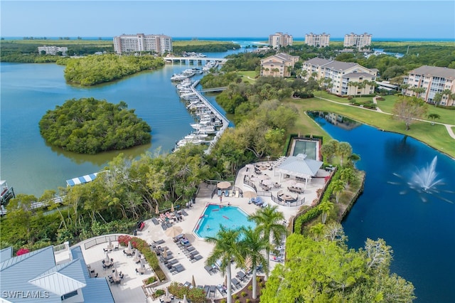 drone / aerial view featuring a water view