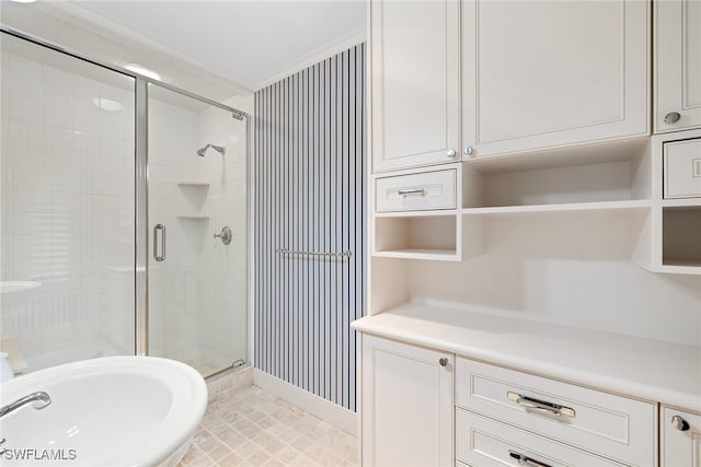 bathroom featuring walk in shower and crown molding