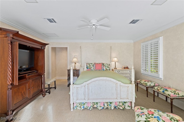 bedroom featuring ceiling fan and crown molding