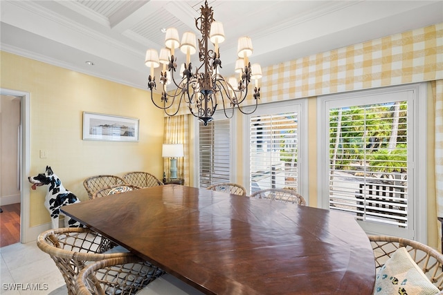 dining space featuring beam ceiling, a notable chandelier, crown molding, and coffered ceiling