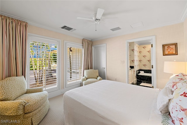 bedroom with carpet flooring, ceiling fan, and ornamental molding