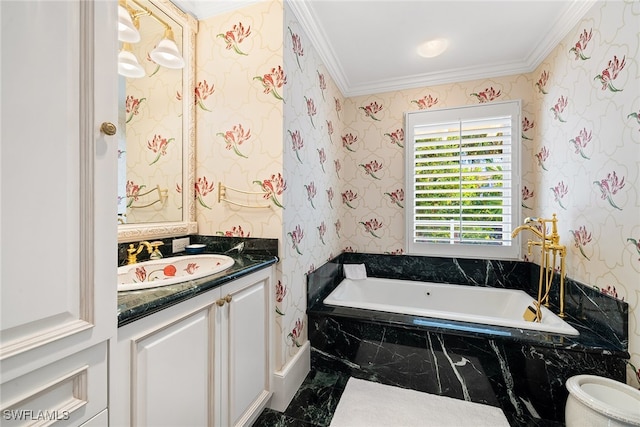 bathroom with tiled bath, vanity, and ornamental molding