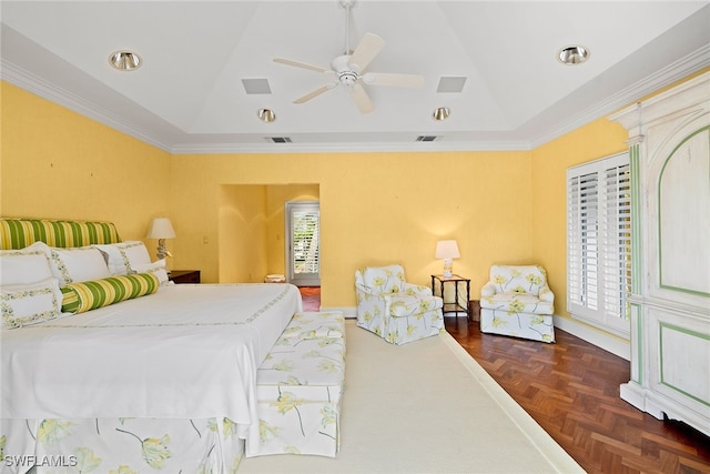 bedroom with ceiling fan, crown molding, and multiple windows