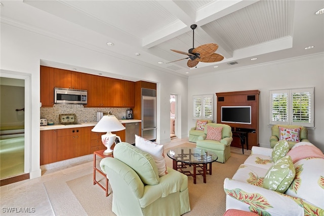 living room featuring crown molding, beamed ceiling, ceiling fan, and light tile patterned flooring