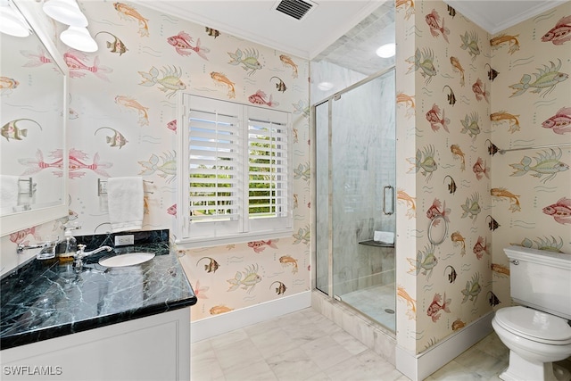 bathroom with vanity, toilet, an enclosed shower, and ornamental molding