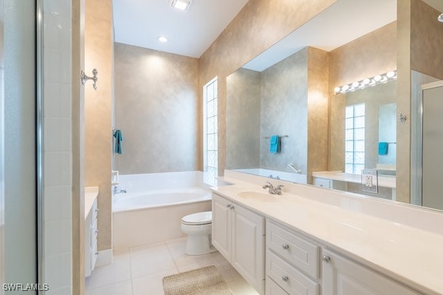 full bathroom with toilet, vanity, separate shower and tub, and tile patterned floors