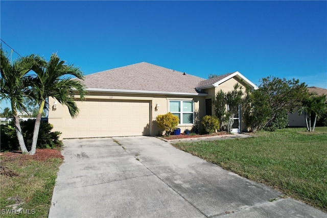 single story home featuring a garage and a front lawn