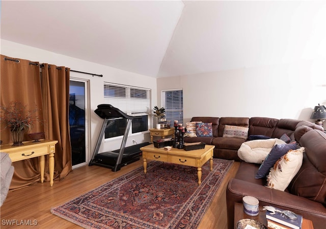 living room with hardwood / wood-style flooring and lofted ceiling