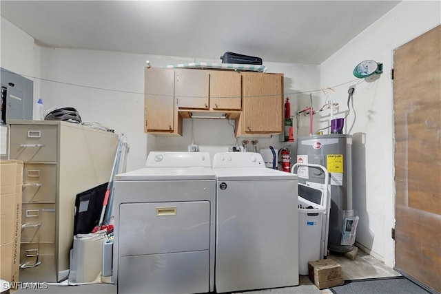 laundry area featuring cabinets, washer and dryer, and water heater