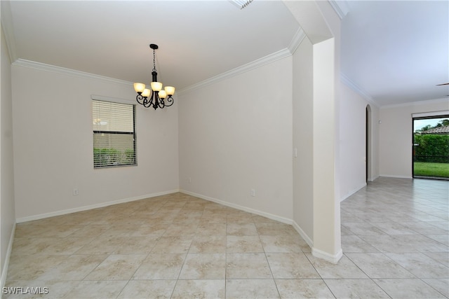 unfurnished room with a chandelier, light tile patterned floors, and ornamental molding