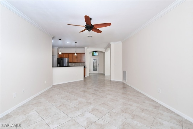 unfurnished living room featuring crown molding, ceiling fan, and light tile patterned floors