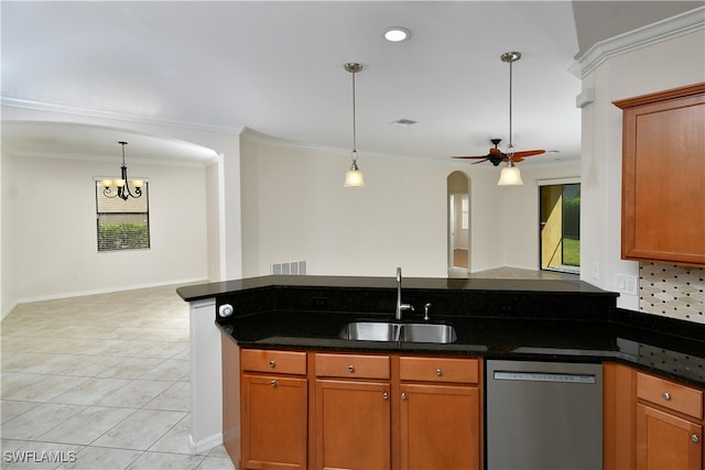 kitchen with dishwasher, backsplash, ceiling fan with notable chandelier, crown molding, and sink