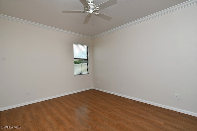 empty room featuring hardwood / wood-style flooring, ceiling fan, and crown molding