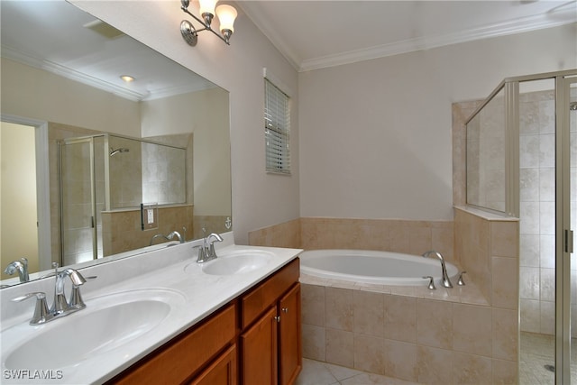 bathroom featuring plus walk in shower, vanity, tile patterned floors, and ornamental molding