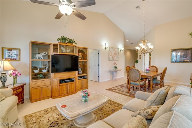 living room featuring ceiling fan with notable chandelier, light tile patterned floors, and high vaulted ceiling