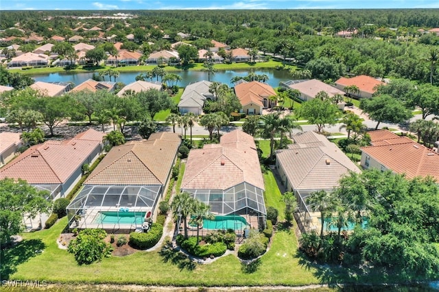 drone / aerial view featuring a water view