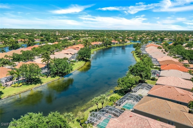 drone / aerial view featuring a water view