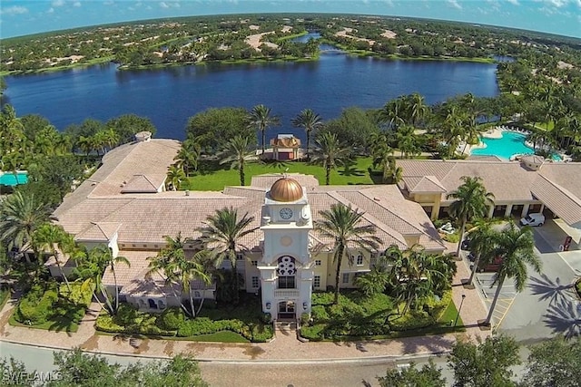 aerial view featuring a water view