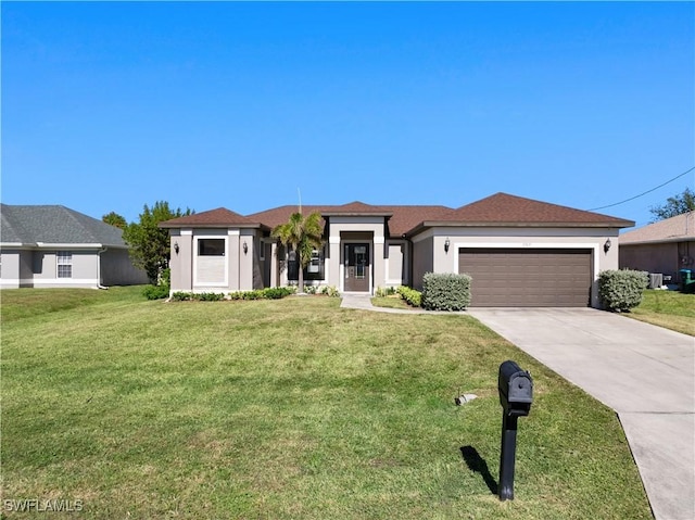 ranch-style house with a front yard and a garage