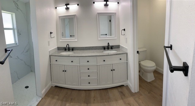 bathroom featuring walk in shower, vanity, wood-type flooring, and toilet