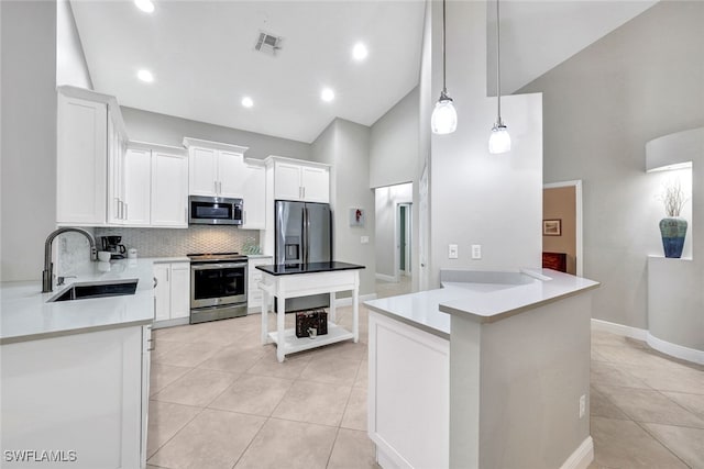 kitchen featuring sink, stainless steel appliances, high vaulted ceiling, decorative light fixtures, and white cabinets