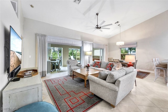 living room with ceiling fan, light tile patterned flooring, and high vaulted ceiling