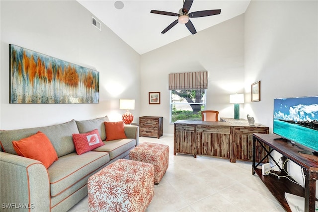 living room with ceiling fan, light tile patterned floors, and high vaulted ceiling