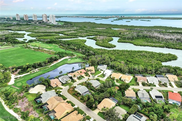 bird's eye view with a water view