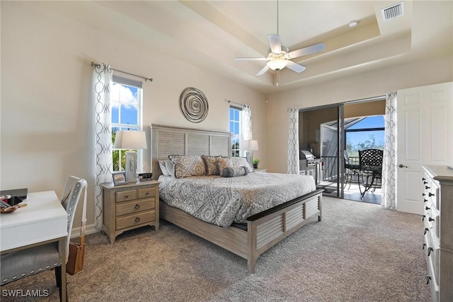 bedroom featuring multiple windows, a raised ceiling, and access to exterior