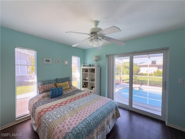 bedroom featuring ceiling fan, dark hardwood / wood-style floors, and access to outside