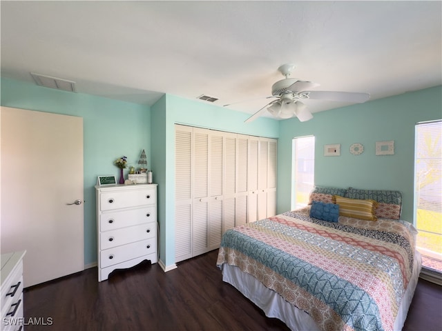 bedroom with multiple windows, ceiling fan, a closet, and dark hardwood / wood-style floors