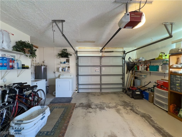 garage with gas water heater, washer / clothes dryer, and a garage door opener