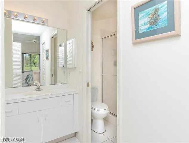 bathroom with ceiling fan, tile patterned flooring, toilet, vanity, and a shower with shower door