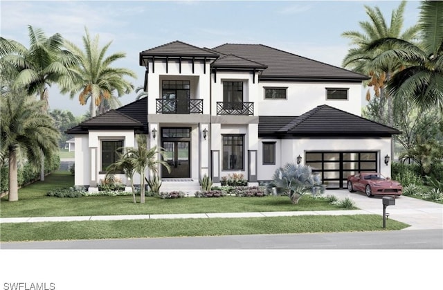 view of front of home featuring a front yard, a balcony, stucco siding, concrete driveway, and a tiled roof