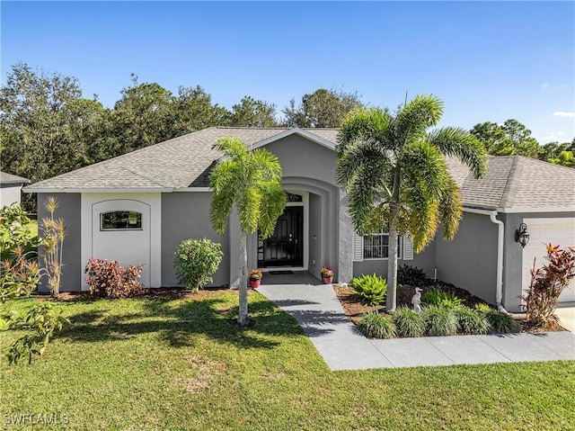 ranch-style house with a front yard and a garage