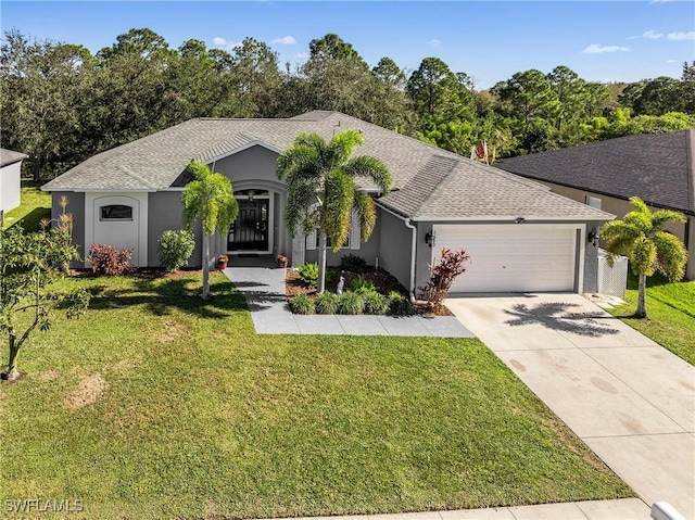 ranch-style house featuring a garage and a front lawn