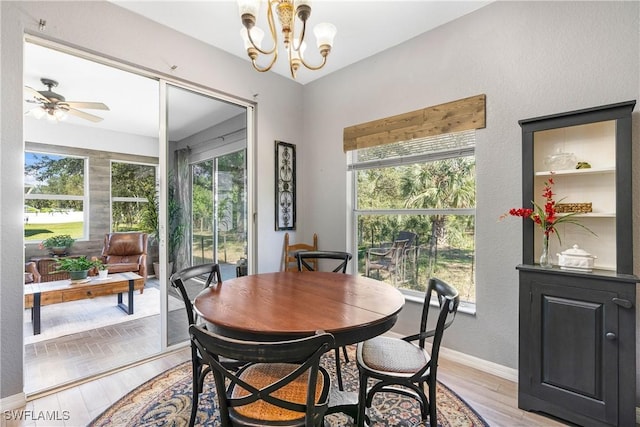 dining space with light hardwood / wood-style floors and ceiling fan with notable chandelier