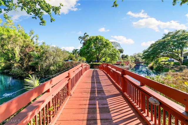 view of community with a water view