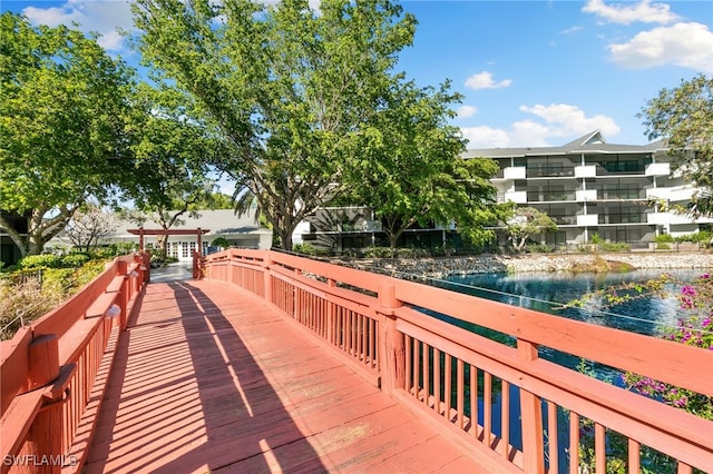 exterior space with a water view