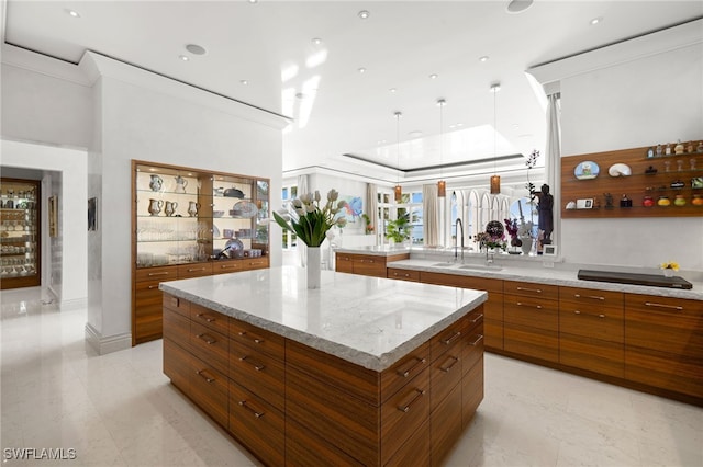 kitchen featuring sink, crown molding, light stone countertops, and a spacious island