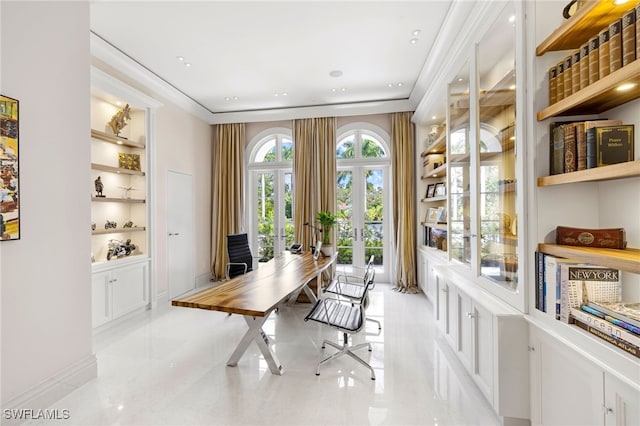 office featuring french doors and built in shelves