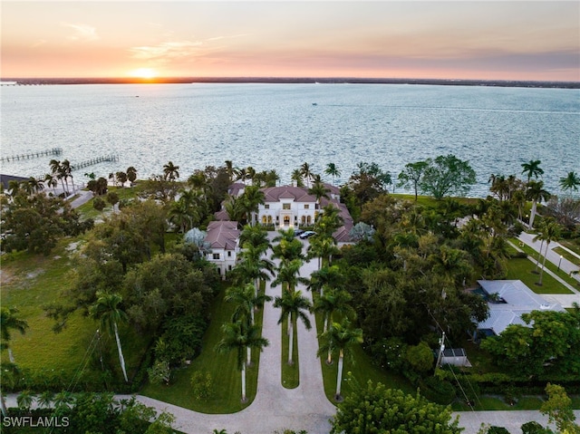 aerial view at dusk with a water view