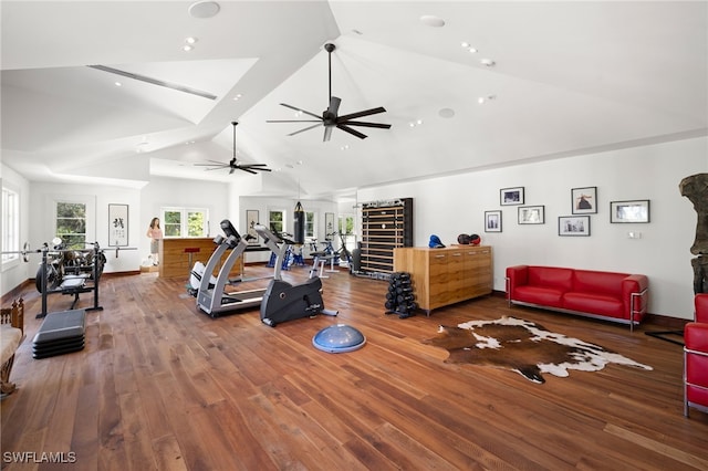 gym featuring lofted ceiling and hardwood / wood-style floors