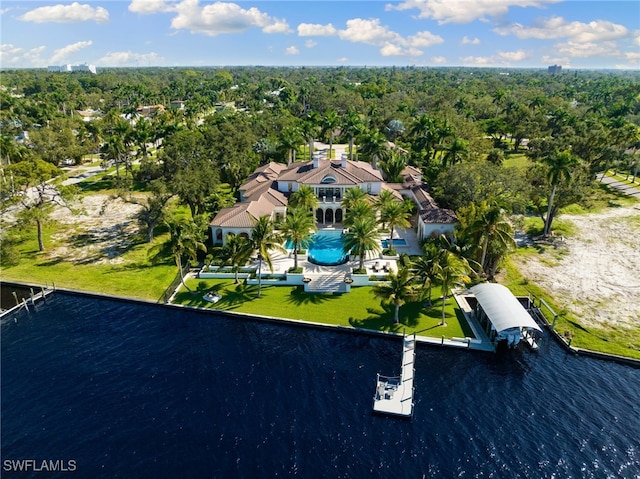 drone / aerial view with a water view