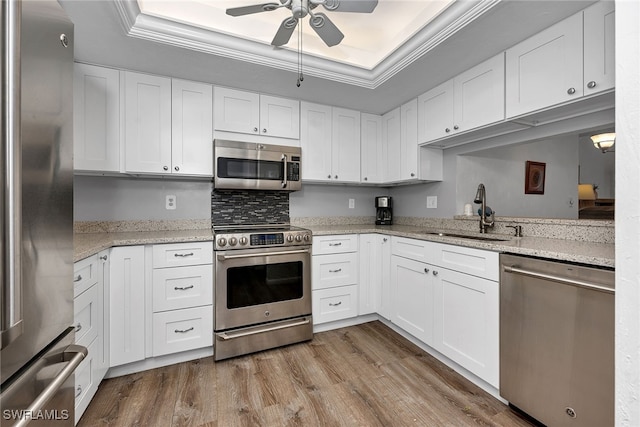 kitchen featuring white cabinets, appliances with stainless steel finishes, and a tray ceiling