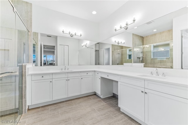 bathroom featuring vanity and a shower with shower door