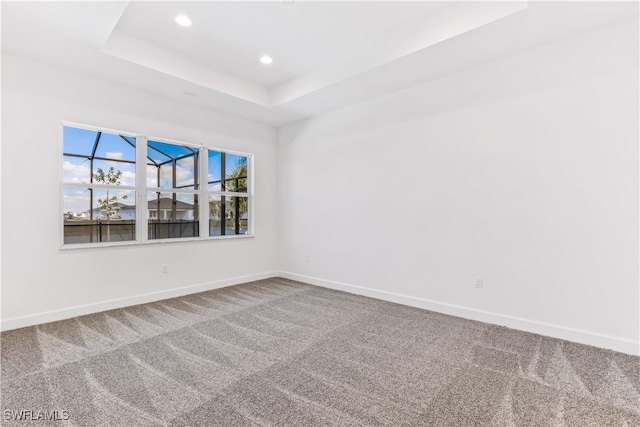 empty room with a raised ceiling and carpet floors