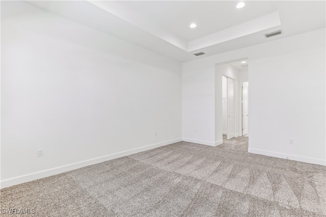 empty room featuring a raised ceiling and light carpet